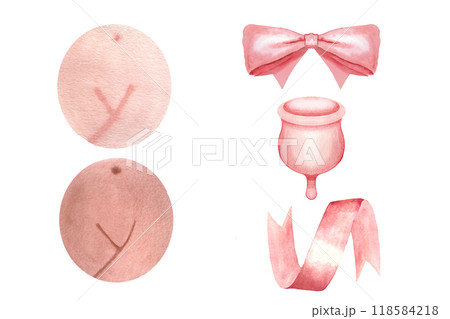 A menstrual cup, a satin bow, a ribbon, a women body signs in two tones watercolor set isolated on white. Great for eco-friendly menstrual care decor and design, logotypes, labels, websites 118584218