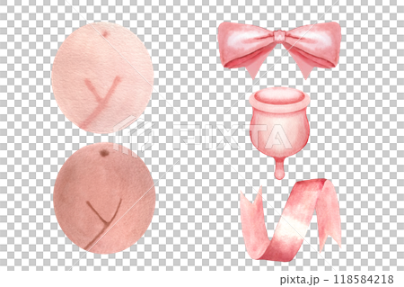 A menstrual cup, a satin bow, a ribbon, a women body signs in two tones watercolor set isolated on white. Great for eco-friendly menstrual care decor and design, logotypes, labels, websites 118584218