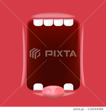 Vector Cartoon wide open mouth isolated on green background. Funny and cute Halloween green Monster open mouth with big white teeth and red tongue 118584466
