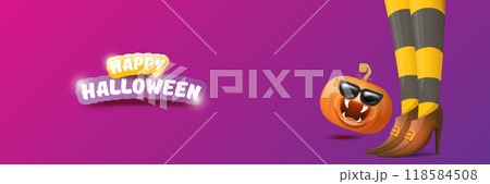 vector halloween party wide banner and poster with witch legs funky pumpkin and greeting text happy halloween on night violet background . Girls legs with stripped stockings and brown shoes. vector halloween party wide banner and poster with witch legs funky pumpkin and greeting text happy halloween on night violet background . Girls legs with stripped stockings and brown shoes. 118584508
