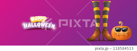 vector halloween party wide banner and poster with witch legs funky pumpkin and greeting text happy halloween on night violet background . Girls legs with stripped stockings and brown shoes. vector halloween party wide banner and poster with witch legs funky pumpkin and greeting text happy halloween on night violet background . Girls legs with stripped stockings and brown shoes. 118584513