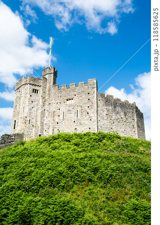 小さい丘の上に立つレンガと石造りの歴史的なカーディフ城　ウェールズの首都カーディフにて 118585625