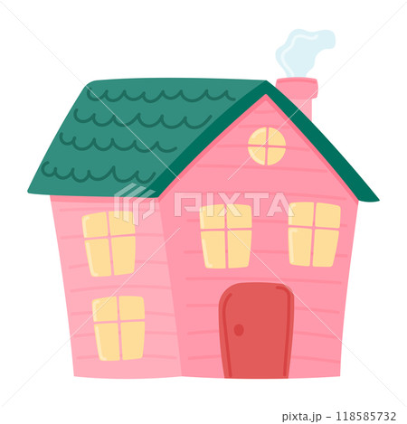 Pink house with a green roof and a chimney. Front view. Children's house is isolated on a white background. Vector illustration in the flat style. 118585732