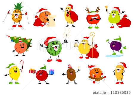 Cartoon cheerful Christmas holiday fruit characters. Christmas season or happy New Year celebration funny tropical fruits vector personages of pineapple, orange, banana and apple, guava, peach Cartoon cheerful Christmas holiday fruit characters. Christmas season or happy New Year celebration funny tropical fruits vector personages of pineapple, orange, banana and apple, guava, peach 118586039