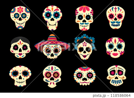 Mexican calavera sugar skulls, day of the dead holiday. Dia de los muertos funny characters. Cartoon vector set of human craniums adorned with sombrero and floral pattern. Traditional festival symbols 118586064