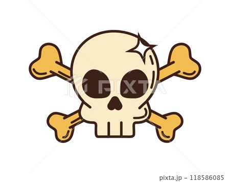 Cartoon groovy skull with crossbs, pirate and corsair jolly roger emblem. Isolated vector skeletal remains sign, exuding spooky seafaring charm. filibuster or sailor sparkling skeleton head Cartoon groovy skull with crossbs, pirate and corsair jolly roger emblem. Isolated vector skeletal remains sign, exuding spooky seafaring charm. filibuster or sailor sparkling skeleton head 118586085