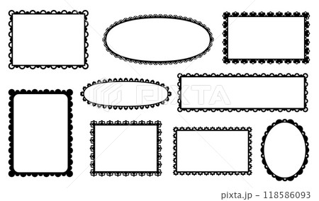 Scallop frames and dividers, edge lace borders, frill ribbons with fabric ornament pattern. Vector scalloped round, oval, square or rectangular shapes with black elegant curves boast vintage intricacy 118586093