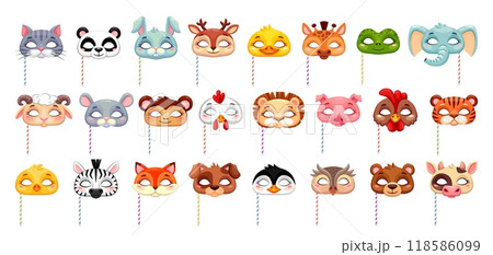 Carnival festival party animal masks, vector Halloween kids costume of cat, fox, panda and rabbit. Cartoon animal faces on sticks, cute penguin, bear, wolf and dog, owl, monkey, mouse, cow and deer Carnival festival party animal masks, vector Halloween kids costume of cat, fox, panda and rabbit. Cartoon animal faces on sticks, cute penguin, bear, wolf and dog, owl, monkey, mouse, cow and deer 118586099
