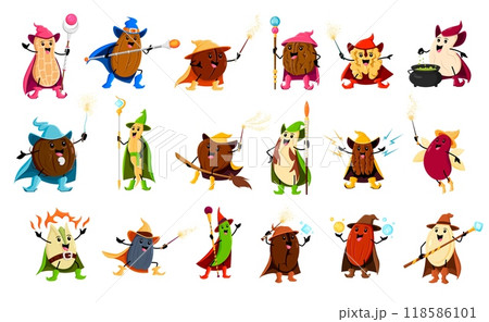 Cartoon nut, bean and legume wizard and sorcerer characters. Vector magic coconut, peanut, walnut, sunflower or pumpkin seeds. Macadamia, almond, cashew or pistachio, coffee and brazil wiz kernels Cartoon nut, bean and legume wizard and sorcerer characters. Vector magic coconut, peanut, walnut, sunflower or pumpkin seeds. Macadamia, almond, cashew or pistachio, coffee and brazil wiz kernels 118586101