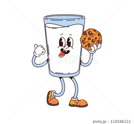 Glass of milk retro groovy breakfast character holding a chocolate chip cookie and giving a thumbs-up. Vector funky drink personage with joyful face expression, and playful nostalgic childhood vibes Glass of milk retro groovy breakfast character holding a chocolate chip cookie and giving a thumbs-up. Vector funky drink personage with joyful face expression, and playful nostalgic childhood vibes 118586122