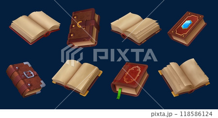 Ancient game book icons of fantasy magic manuscript and spellbook, vector cartoon GUI. Wizard spell books with open pages, old Medieval library manuscripts with magic crystal for fantasy mystery game Ancient game book icons of fantasy magic manuscript and spellbook, vector cartoon GUI. Wizard spell books with open pages, old Medieval library manuscripts with magic crystal for fantasy mystery game 118586124
