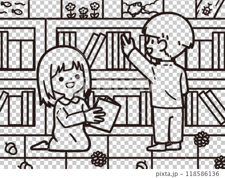 Coloring book of a boy choosing books in a library and a girl recommending books Coloring book of a boy choosing books in a library and a girl recommending books 118586136