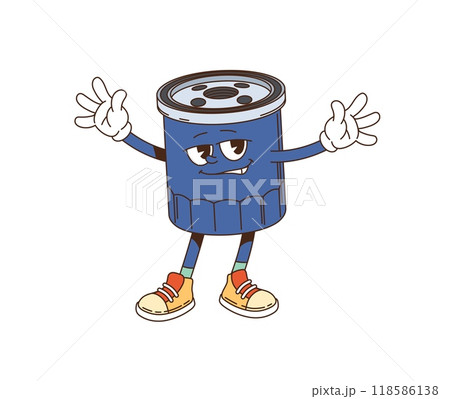 Cartoon groovy oil filter character. Isolated vector playful automobile part personage with expressive eyes, wearing sneakers and gloves, posing with a confident smile and gesturing with both hands Cartoon groovy oil filter character. Isolated vector playful automobile part personage with expressive eyes, wearing sneakers and gloves, posing with a confident smile and gesturing with both hands 118586138