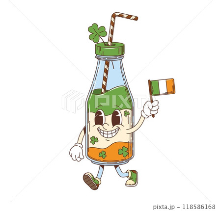 Cartoon groovy milkshake character, saint Patrick day retro holiday drink or beverage personage. Isolated vector glass bottle with a lid and a straw, holding flag of Ireland celebrates festive event 118586168