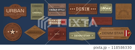 Denim jeans leather labels and patches. Isolated vector set of stylish textured tags for clothing, featuring a variety of shapes and colors, showcase mix of urban and vintage designs and craftsmanship Denim jeans leather labels and patches. Isolated vector set of stylish textured tags for clothing, featuring a variety of shapes and colors, showcase mix of urban and vintage designs and craftsmanship 118586330