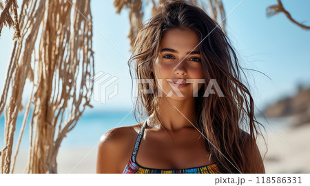 海辺で微笑む美しい女性のイラスト素材 [118586331] - PIXTA