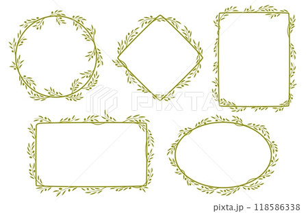 Olive leaf frames, vector set of delicate, elegant borders for invitation, photo frame or menu. Round, oval, rhombus and rectangular decorative elements with a touch of nature in Mediterranean style Olive leaf frames, vector set of delicate, elegant borders for invitation, photo frame or menu. Round, oval, rhombus and rectangular decorative elements with a touch of nature in Mediterranean style 118586338