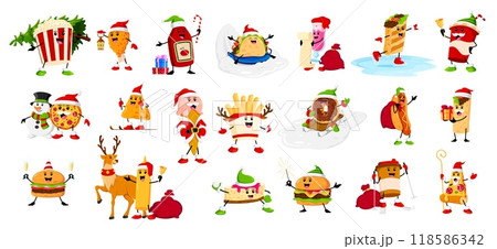 Cartoon Christmas fast food characters. Vector pop corn, chicken leg and ketchup, taco, cocktail, burrito and cola cup. Pizza, nachos, ice cream and French fries with donut or hot dog, cake or coffee 118586342