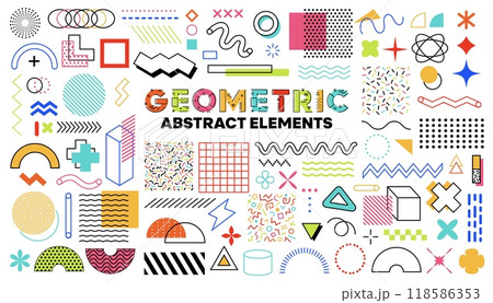 Geometric Memphis shapes and elements of simple line pattern, abstract vector background. Modern or retro Memphis minimal geometric figures and isometric elements or halftone dots and lines pattern 118586353