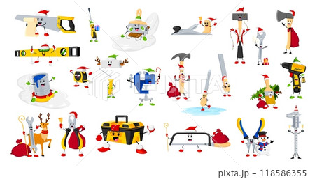 Cartoon Christmas diy and repair tool characters. Funny construction instruments wallpaper roll, axe, drill, file or fretsaw, ruler pliers and planer, vice, trowel, tape measure, hammer or toolbox Cartoon Christmas diy and repair tool characters. Funny construction instruments wallpaper roll, axe, drill, file or fretsaw, ruler pliers and planer, vice, trowel, tape measure, hammer or toolbox 118586355