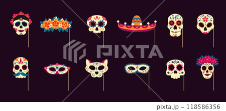 dead day photo booth masks with props. Mexican dia de los muertos holiday vector set of skulls, sombrero, floral wreath and cat head. Spooky smiles and skeletal grins for the afterlife celebration 118586356