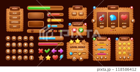 Cookie cracker game interface. Ui game elements, including cartoon windows, options, settings plates, progress bars and gui icons. User panels, boards, sliders, keys, buttons and user interface menus 118586412