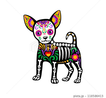 Day of the dead Mexican dog animal skeleton tattoo. Isolated vector Dia de los muertos sugar skull puppy with vibrant floral motifs and bones symbolizing remembrance and celebration of deceased pets 118586413