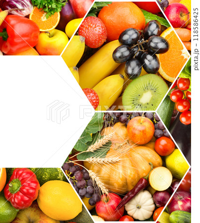 Healthy vegetables and fruit food. collage. There is free space for text. 118586425