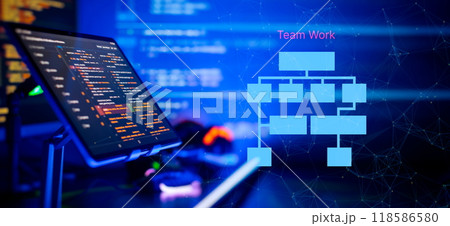 Writing programming functions on laptop. Big data and Internet of things trend. 118586580