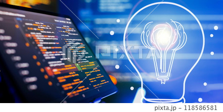 Coding script text on screen, technology industry concept development of programming and coding Coding script text on screen, technology industry concept development of programming and coding 118586581