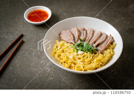 dried duck noodles in white bowl dried duck noodles in white bowl 118586750