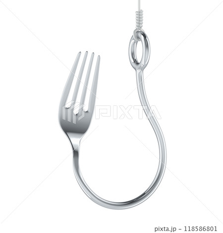 Food Addiction, concept. Fork as fishing hook, 3D rendering 118586801