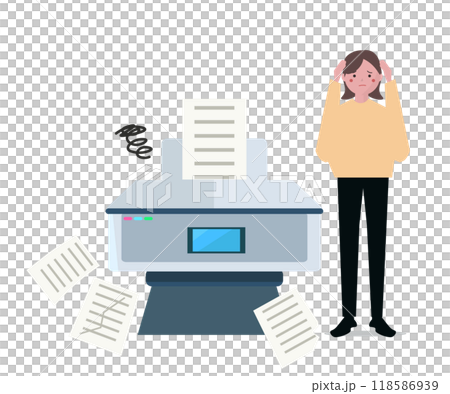 一名婦女因印刷機故障而陷入困境。影印機故障。向量圖 一名婦女因印刷機故障而陷入困境。影印機故障。向量圖 118586939