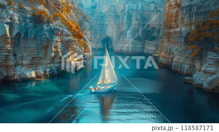 a panoramic view of a small sailboat sailing between two immense, towering cliffs rising from the ocean 118587171