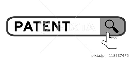 Search banner in word patent with hand over magnifier icon on white background 118587476
