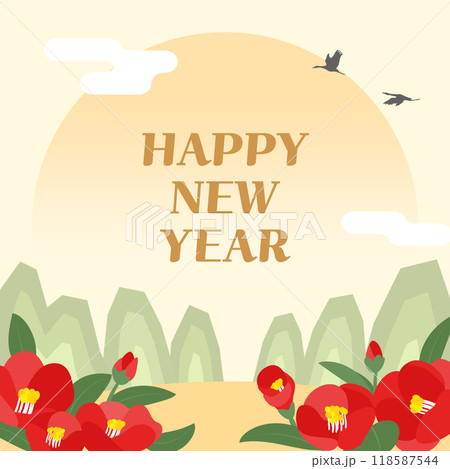 New Year greeting card with camellia flower illustration New Year greeting card with camellia flower illustration 118587544