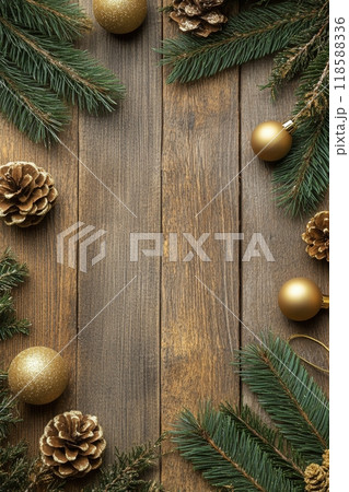 Festive holiday decorations with golden ornaments and pinecones on a rustic wooden background Festive holiday decorations with golden ornaments and pinecones on a rustic wooden background 118588336