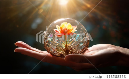 Flower encased in crystal orb with radiant light beams Flower encased in crystal orb with radiant light beams 118588358