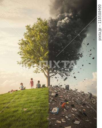 Surreal image showing a split view with children enjoying a green environment and a polluted one full of electronic waste 118588400