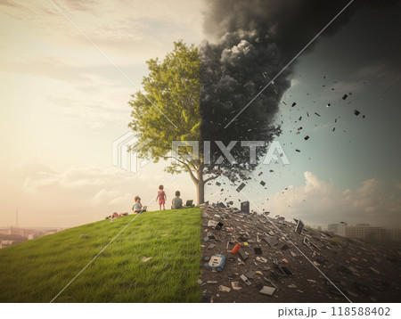 Surreal image showing a split view with children enjoying a green environment and a polluted one full of electronic waste 118588402