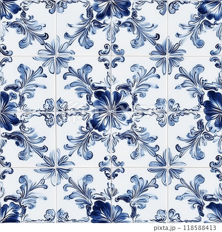 Seamless surface pattern composed by square tiles with blue floral decoration over a white background, a traditional element of portuguese and spanish architecture - can seamlessly be repeated to all 118588413