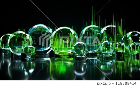 Multiple glass spheres with digital green charts and futuristic reflections 118588414