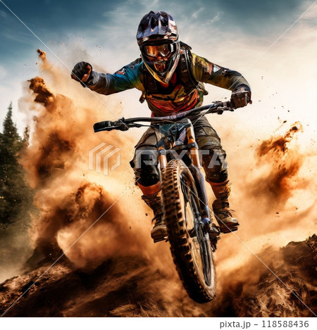 Mountain biker performing a high jump through dusty terrain 118588436