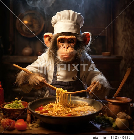 Chimpanzee chef preparing noodles in a rustic kitchen setting 118588437