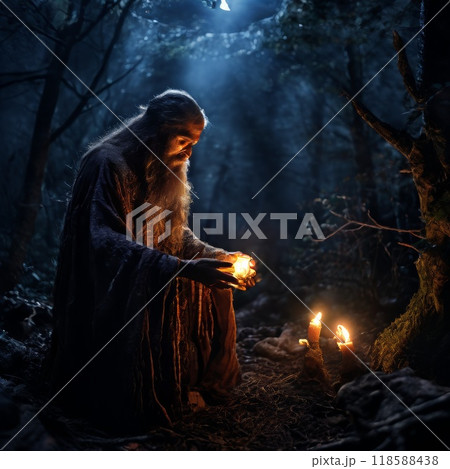Bearded wizard holding glowing orb in dark enchanted forest 118588438