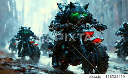 Wolf-headed bikers in post-apocalyptic urban setting 118588439