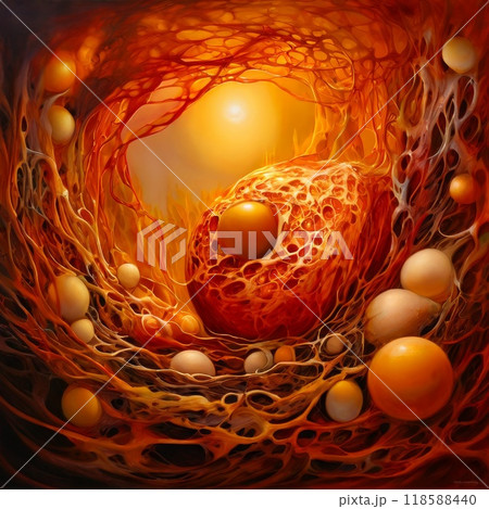 Fiery abstract composition of spheres and tendrils 118588440