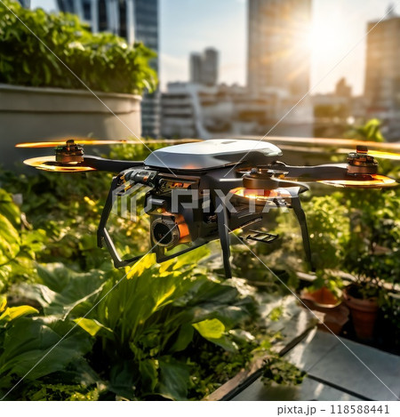 Modern drone hovering over urban garden during sunny day 118588441