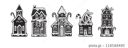 Christmas gingerbread house icon, vector holiday winter cookie collection, New Year festive pastry. Christmas gingerbread house icon, vector holiday winter cookie collection, New Year festive pastry. 118588495