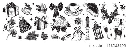 Merry Christmas doodle set, vector winter holiday decoration design elements, gift box, Santa hat.  118588496